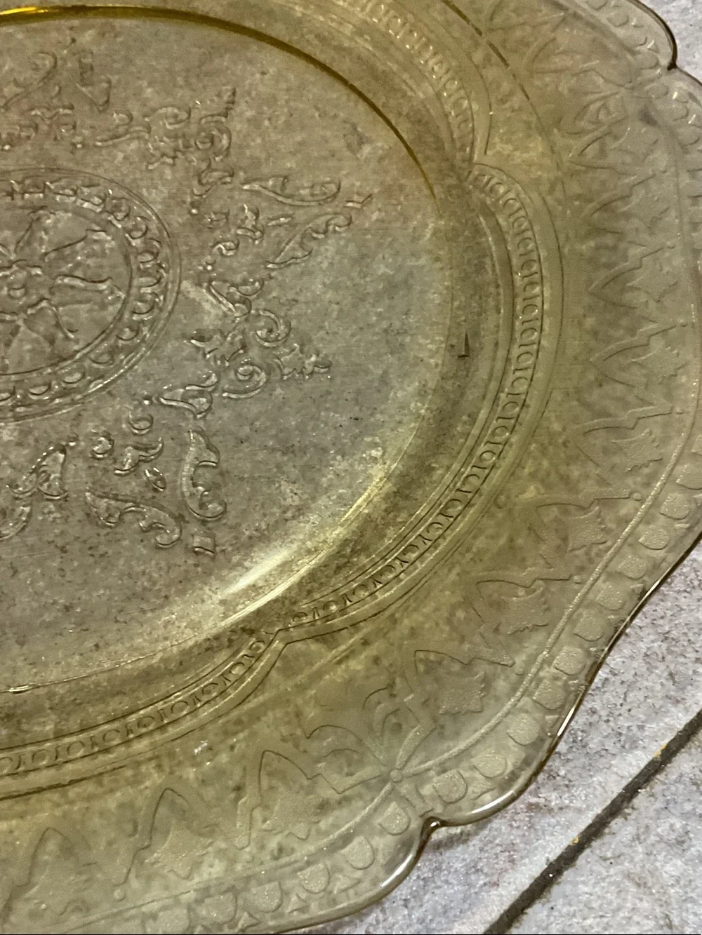 Rare yellow depression glass dinner plate.- Elegant Table Accent